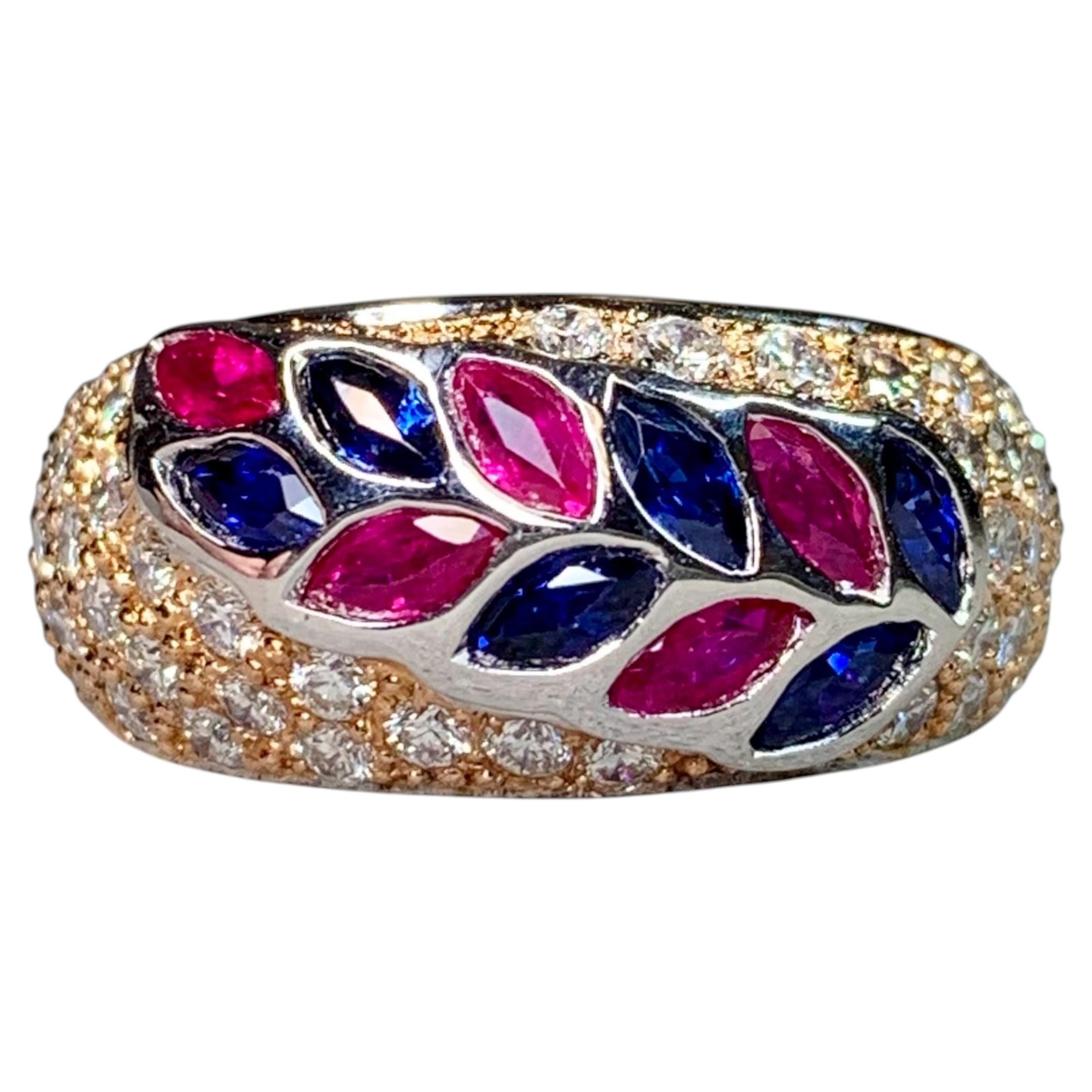 Estate 18K White & Rose Gold Pavé Diamond Ruby Sapphire Feather Band Ring Sz 7.5 For Sale