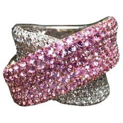 Estate 18K White Rose Pink Sapphire Diamond Wide Bypass Crossover Cocktail Ring
