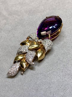 Estate 18K White Yellow Gold Diamond Leaf Pear Shape Amethyst Brooch 48.50ctw
