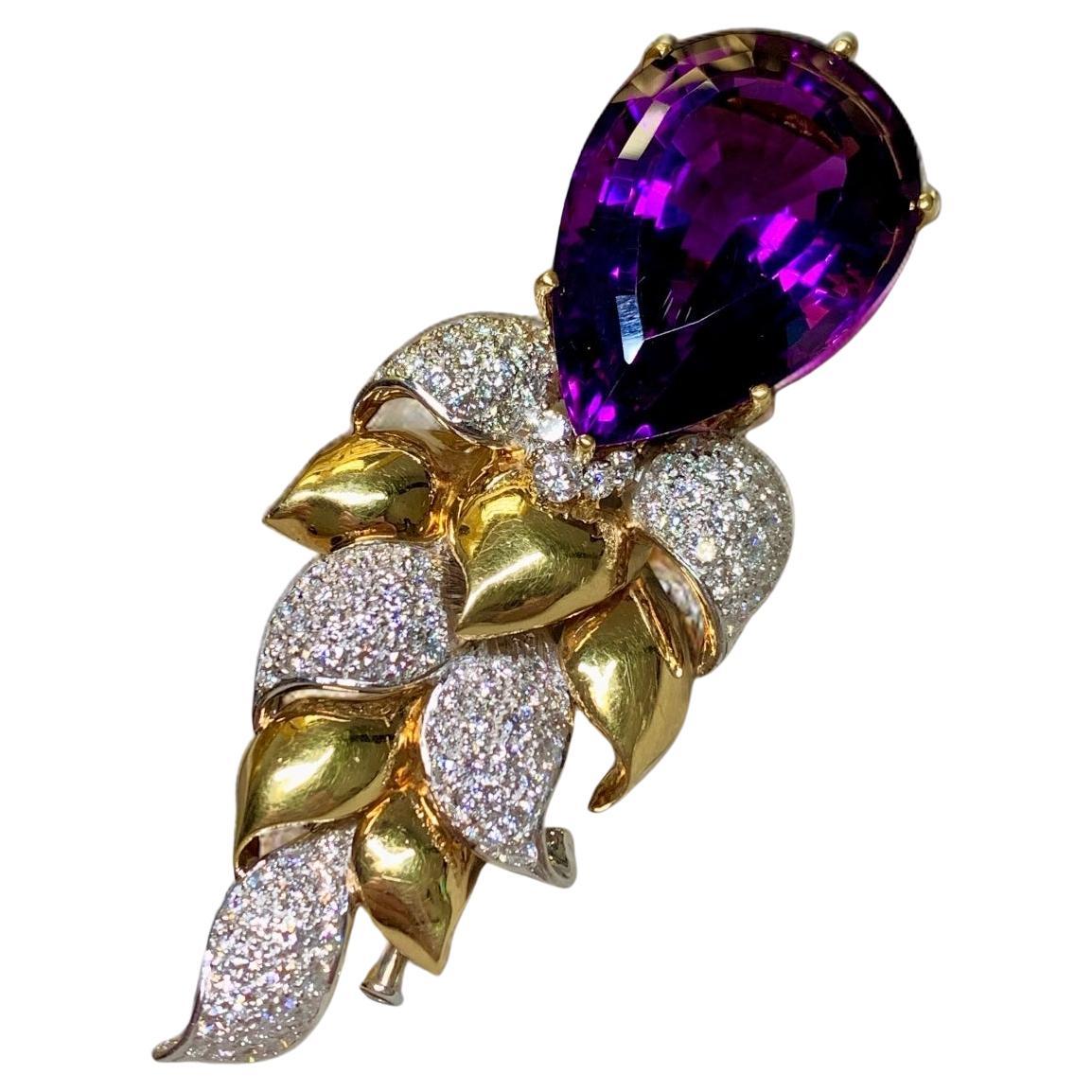 Estate 18K White Yellow Gold Diamond Leaf Pear Shape Amethyst Brosche 48,50ctw