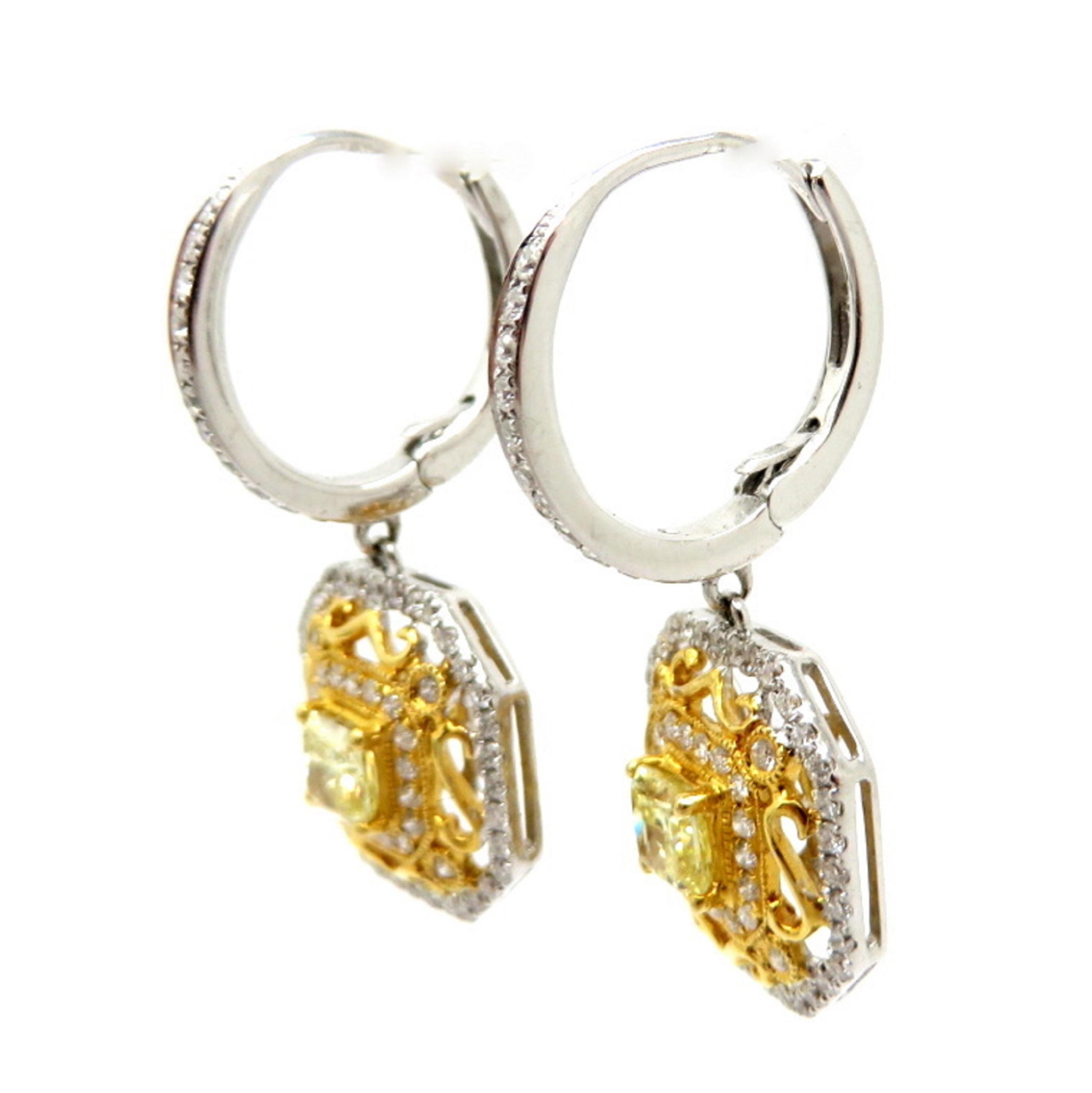 Contemporary Estate 18K White & Yellow Gold Fancy Yellow Radiant Cut Diamond Dangle Earrings For Sale
