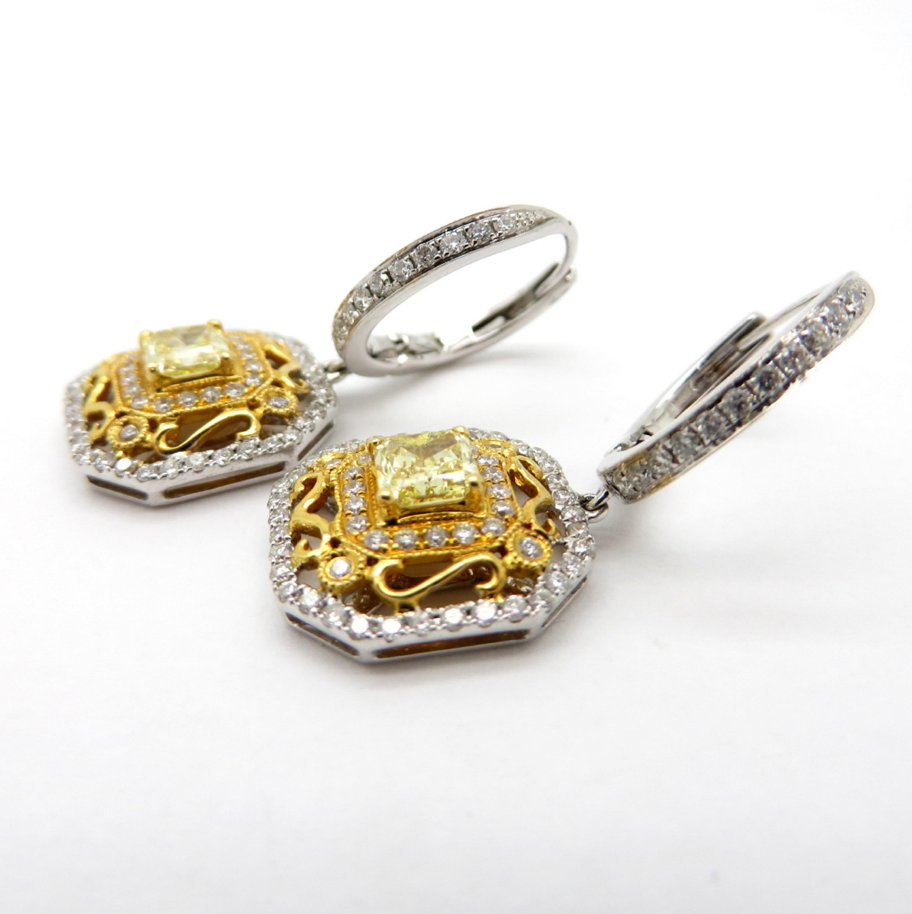 Women's Estate 18K White & Yellow Gold Fancy Yellow Radiant Cut Diamond Dangle Earrings For Sale