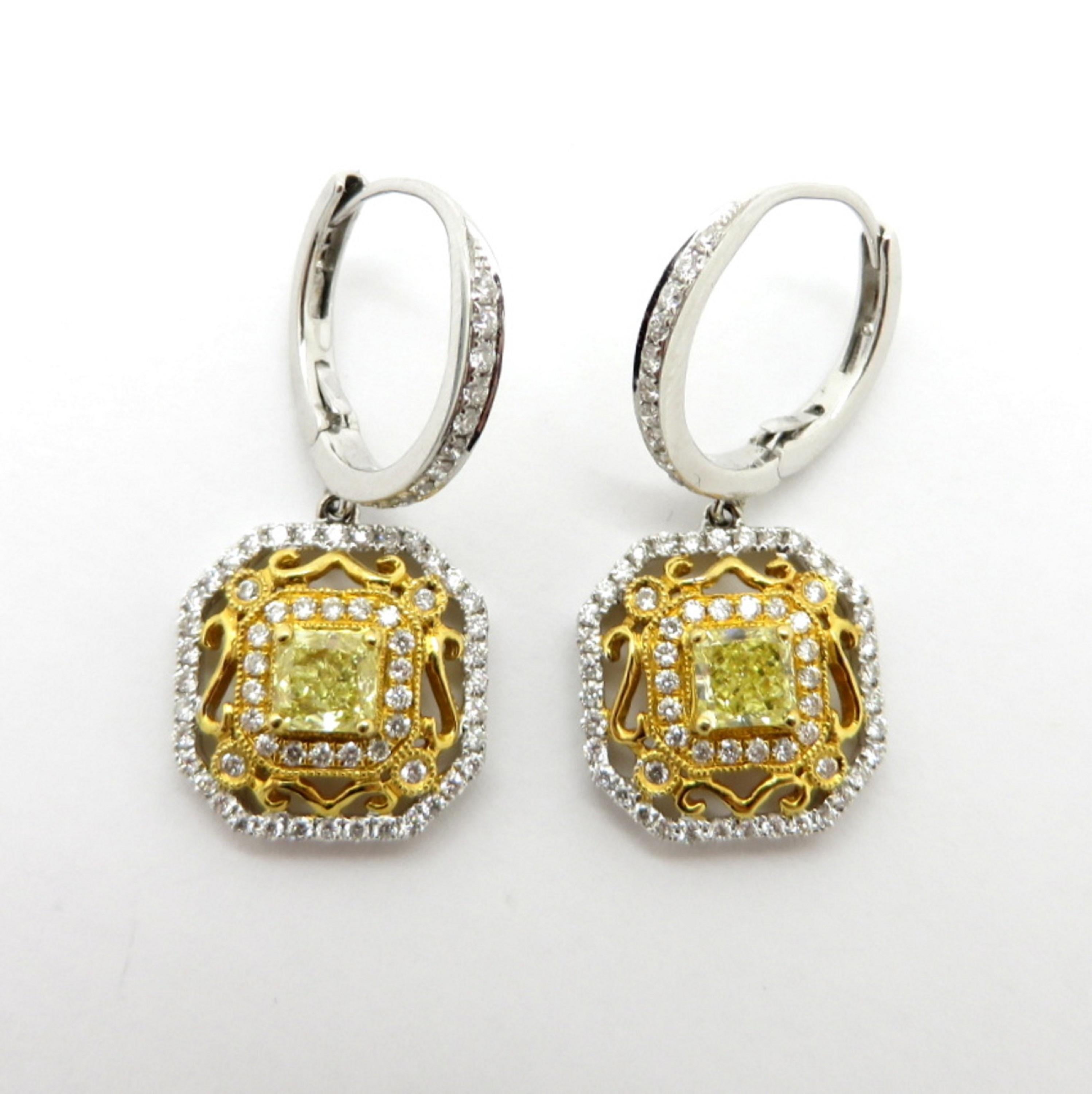 Estate 18K White & Yellow Gold Fancy Yellow Radiant Cut Diamond Dangle Earrings For Sale 1