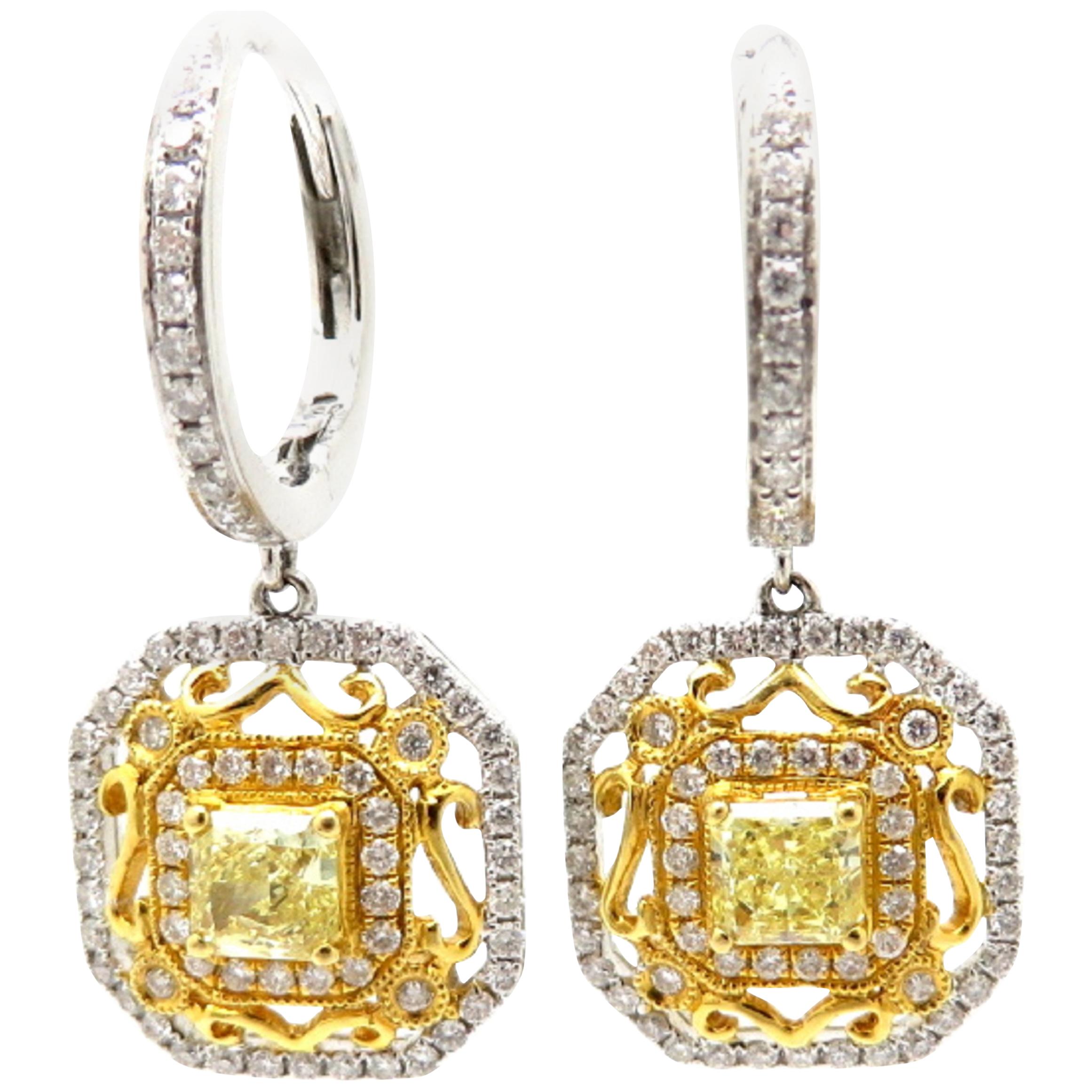 Estate 18K White & Yellow Gold Fancy Yellow Radiant Cut Diamond Dangle Earrings