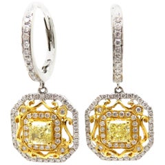 Estate 18K White & Yellow Gold Fancy Yellow Radiant Cut Diamond Dangle Earrings