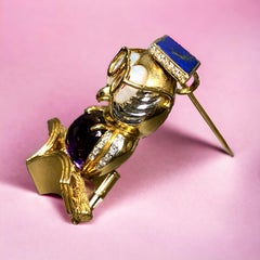Estate 18K Wise Owl Diamond Ruby Lapis MOP Cabochon Amethyst Pin Pendant