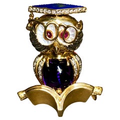 Estate 18K Wise Owl Diamond Ruby Lapis MOP Cabochon Amethyst Pin Pendant