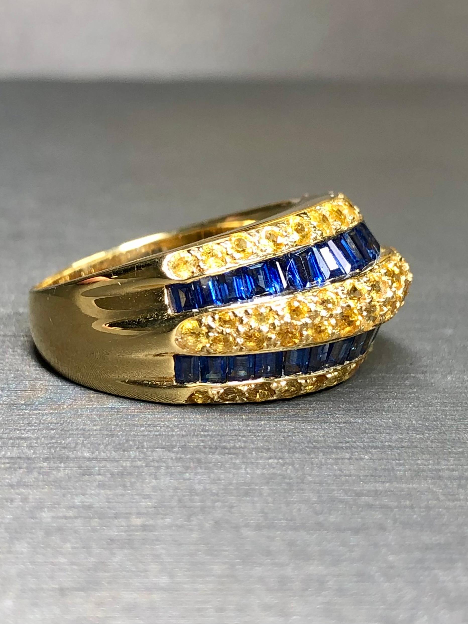 Contemporary Estate 18K Yellow Blue Baguette Sapphire Wide Cocktail Band Ring Sz 7 For Sale