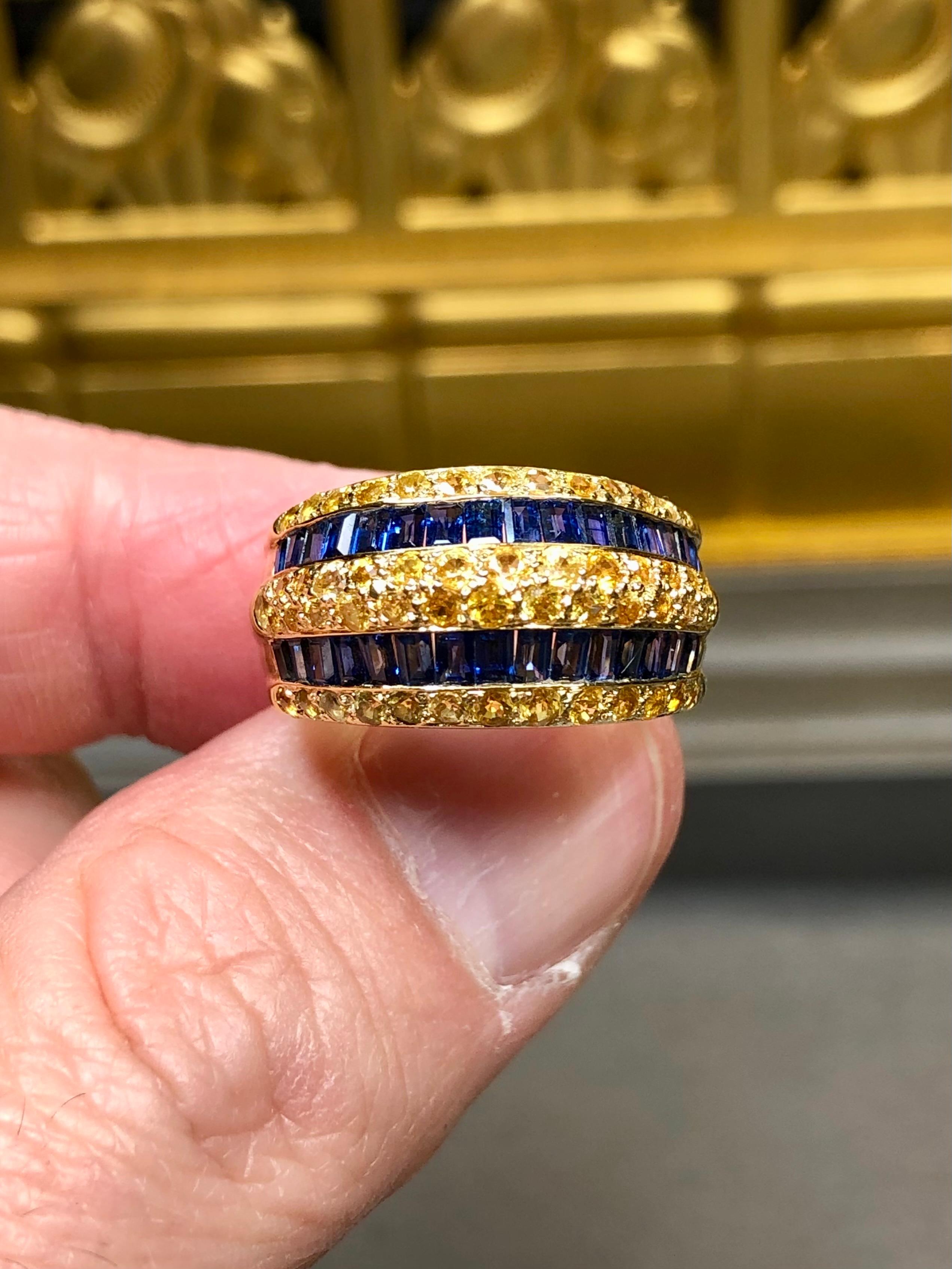 Baguette Cut Estate 18K Yellow Blue Baguette Sapphire Wide Cocktail Band Ring Sz 7 For Sale