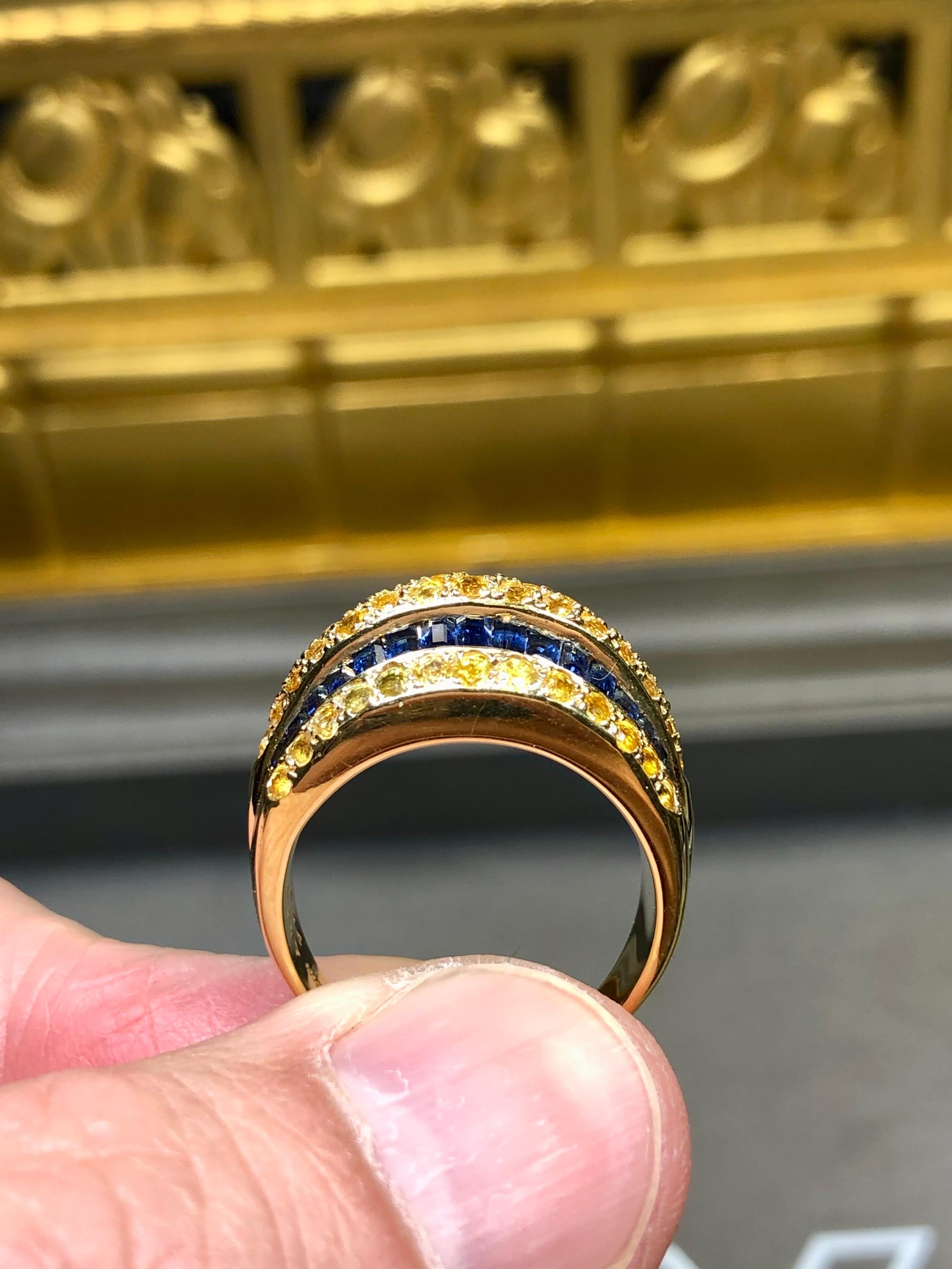 Women's or Men's Estate 18K Yellow Blue Baguette Sapphire Wide Cocktail Band Ring Sz 7 For Sale