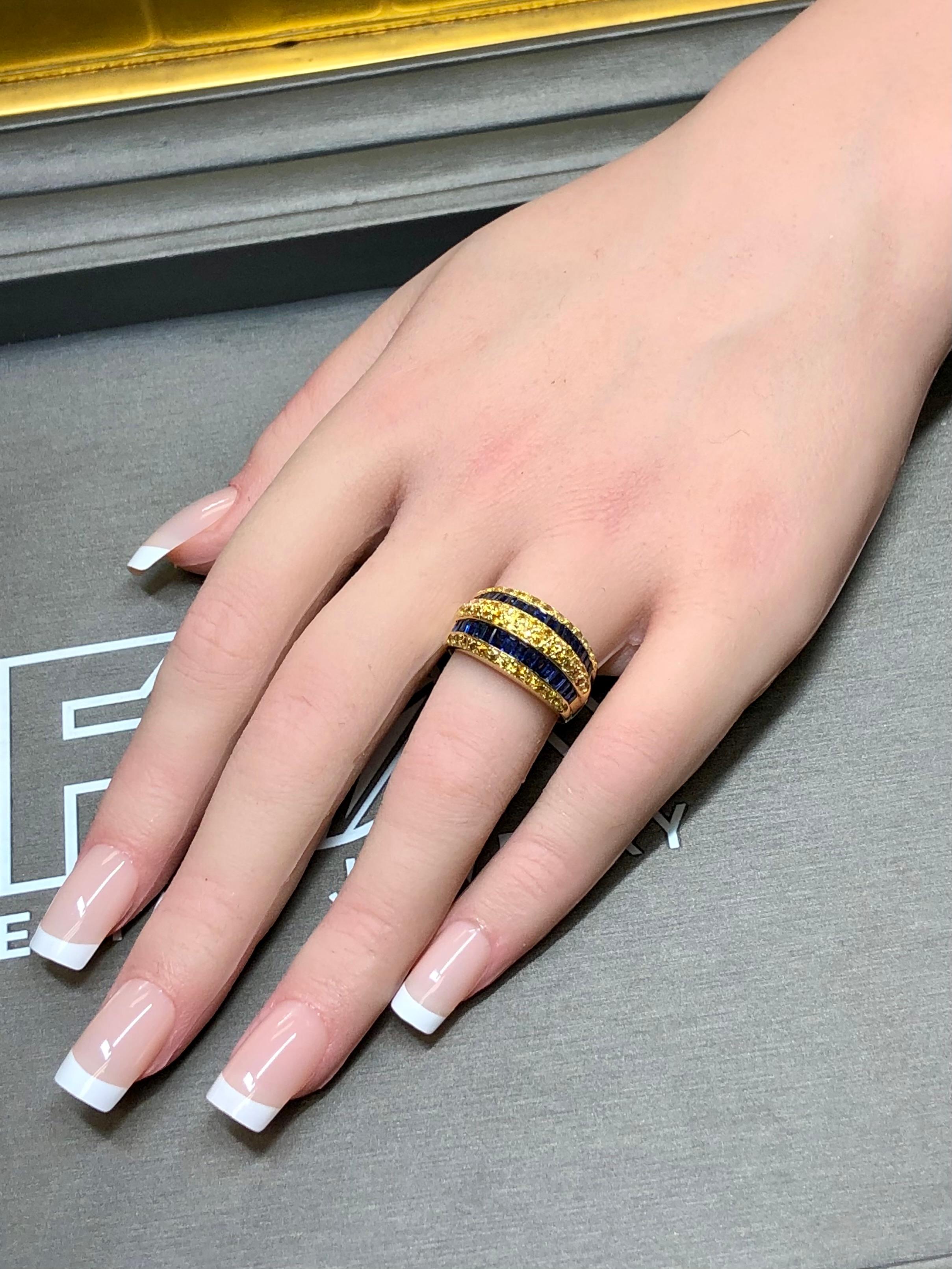 Estate 18K Yellow Blue Baguette Sapphire Wide Cocktail Band Ring Sz 7 For Sale 2