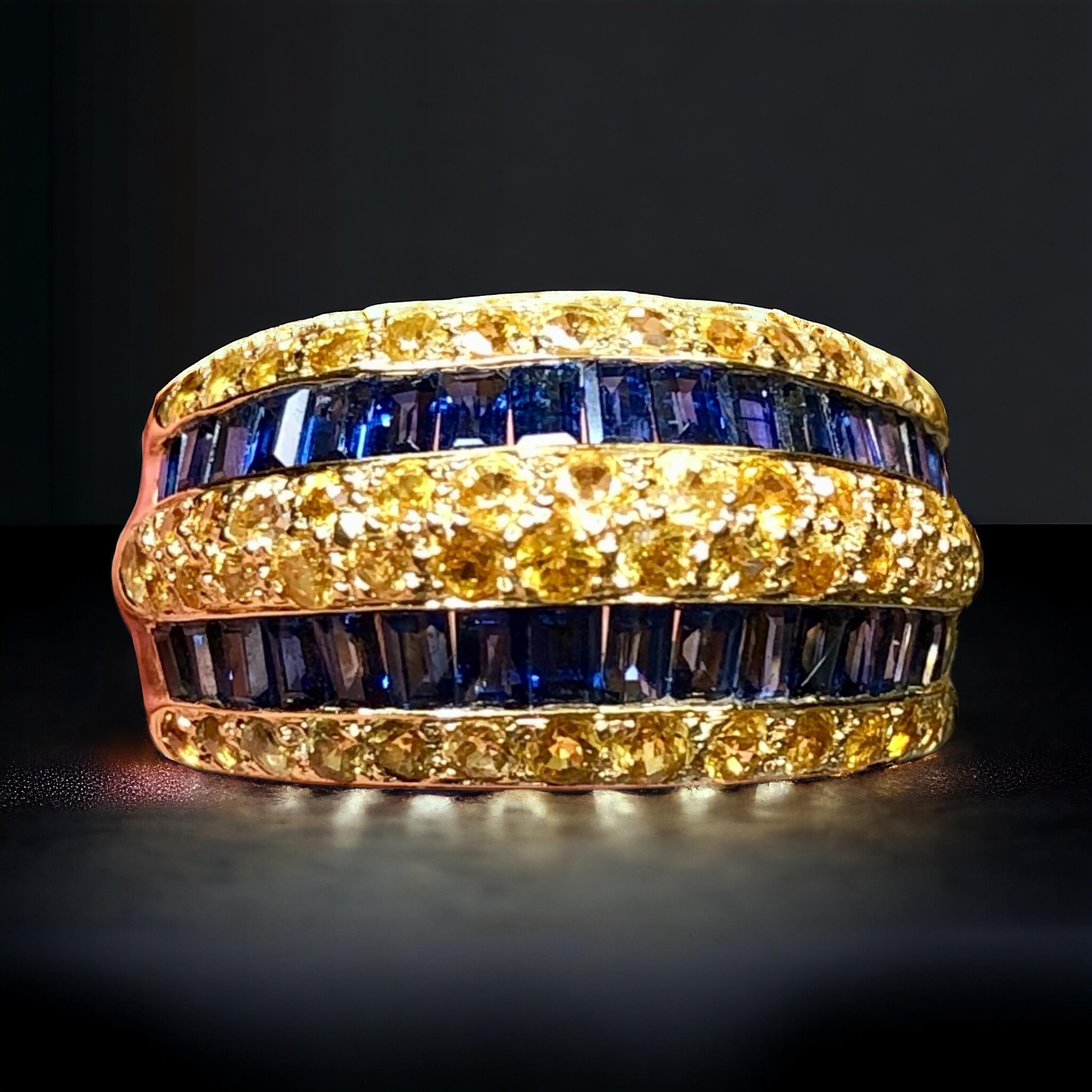 Estate 18K Yellow Blue Baguette Sapphire Wide Cocktail Band Ring Sz 7 For Sale 3