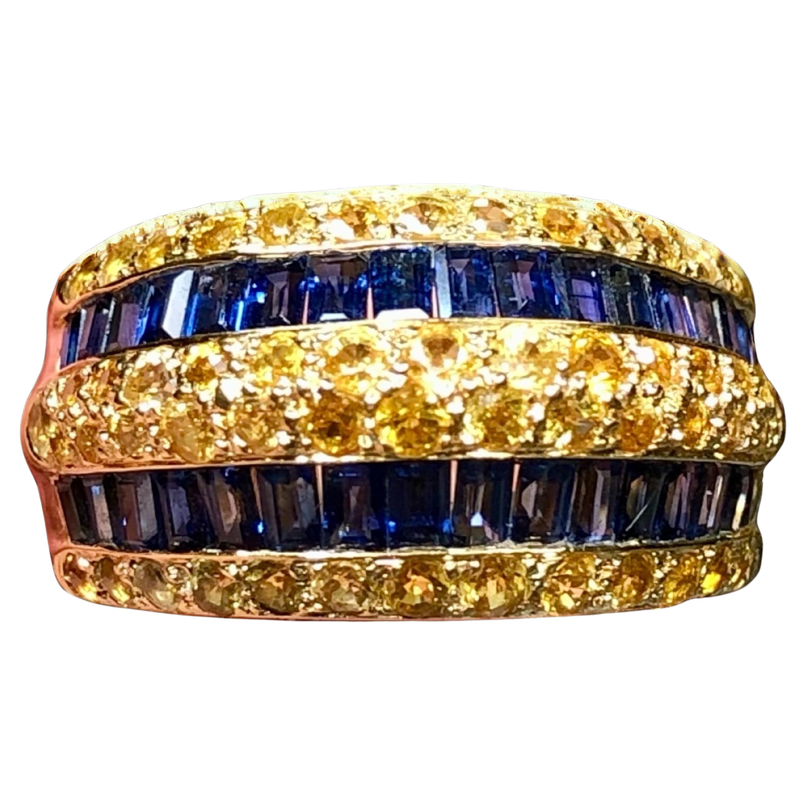 Estate 18K Yellow Blue Baguette Sapphire Wide Cocktail Band Ring Sz 7