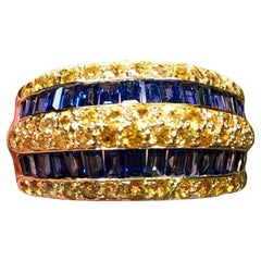 Estate 18K Yellow Blue Baguette Sapphire Wide Cocktail Band Ring Sz 7