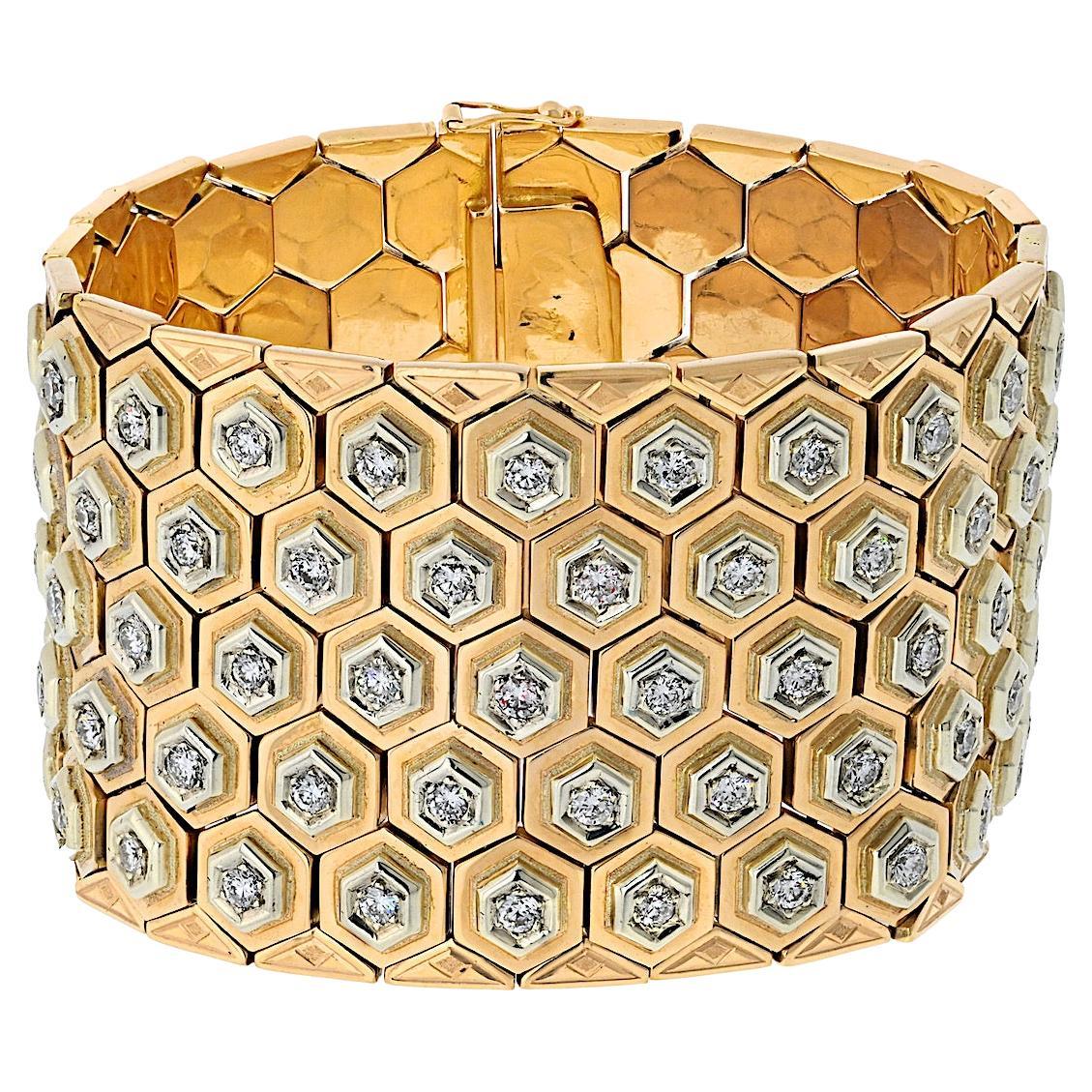 Nachlass 18K Gelbgold 12,00cttw Diamant Wabenförmiges Teppicharmband