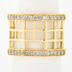 Estate 18k Yellow Gold 1.4ct Diamond Open Geometric 15mm Wide Band Ring size 6.5