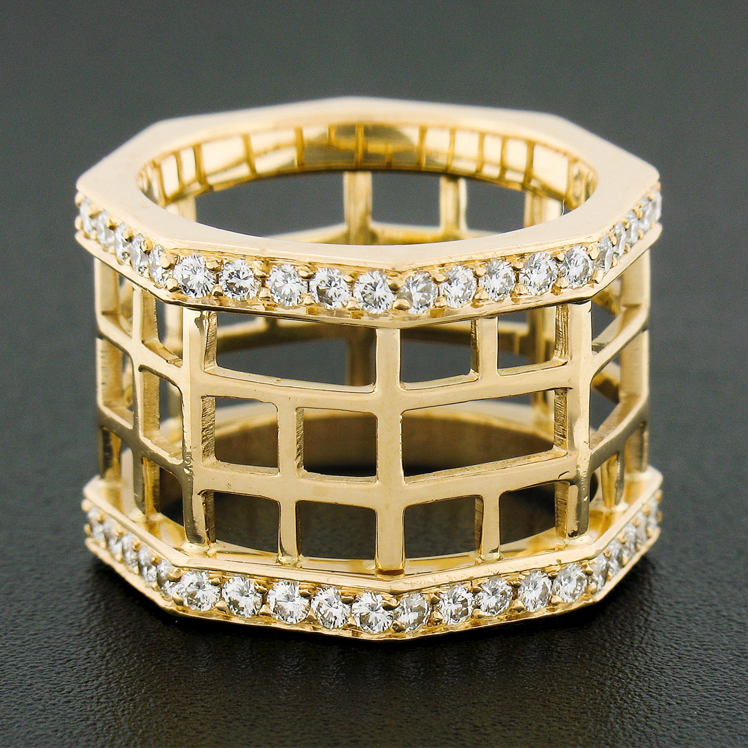 Round Cut Estate 18k Yellow Gold 1.4ct Diamond Open Geometric 15mm Wide Band Ring size 6.5 For Sale