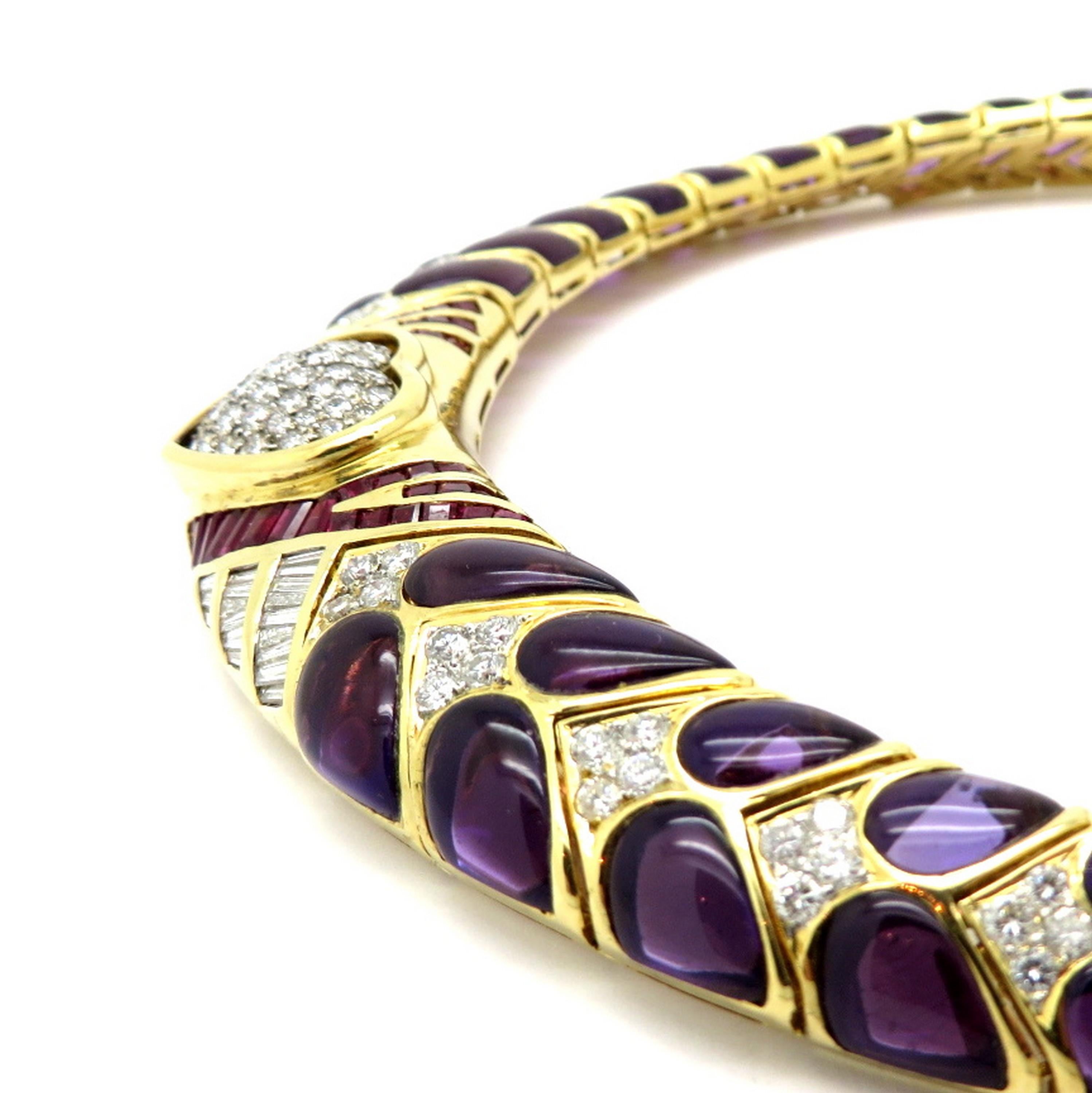 Estate 18 Karat Yellow Gold 200 Carat Amethyst, Ruby and Diamond Heart Necklace In Excellent Condition In Scottsdale, AZ