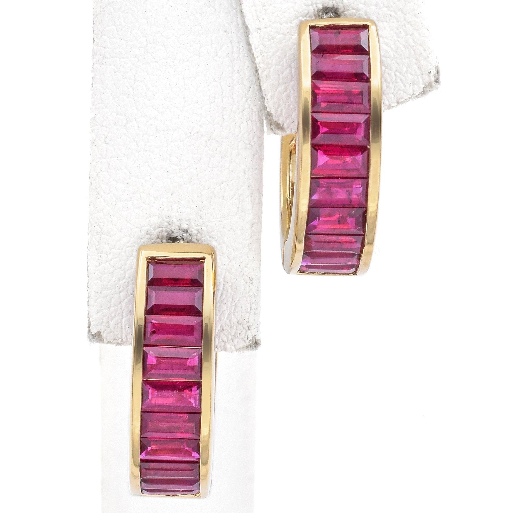 Contemporary Estate 18K Yellow Gold 2.4 TCW Ruby Baguette Huggie Earrings