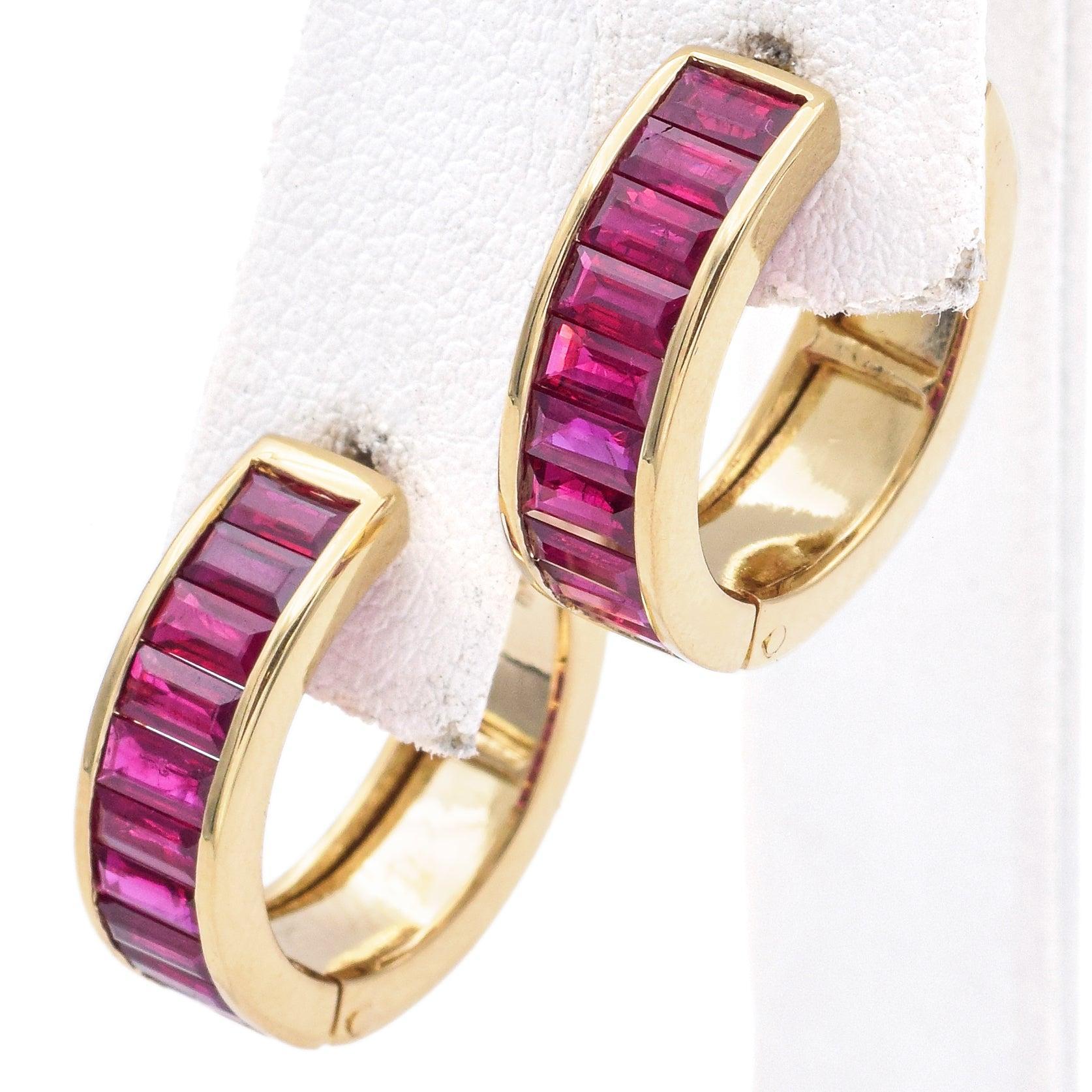 Baguette Cut Estate 18K Yellow Gold 2.4 TCW Ruby Baguette Huggie Earrings