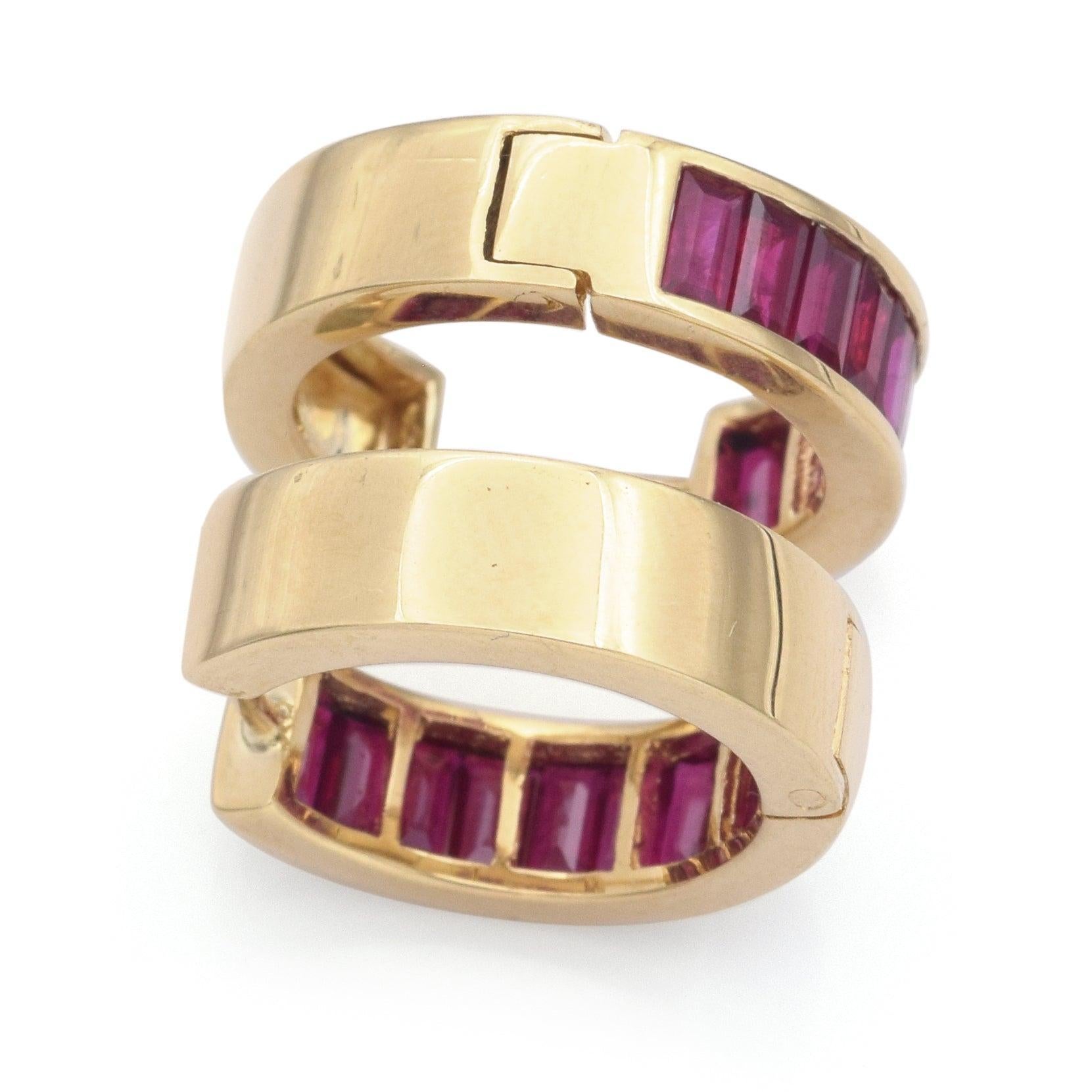 Estate 18K Yellow Gold 2.4 TCW Ruby Baguette Huggie Earrings In Good Condition In New York, NY
