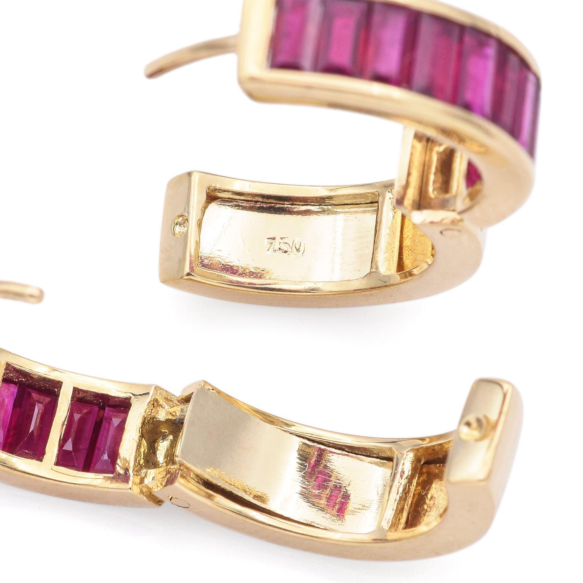 Women's Estate 18K Yellow Gold 2.4 TCW Ruby Baguette Huggie Earrings
