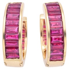 Estate 18K Yellow Gold 2.4 TCW Ruby Baguette Huggie Earrings