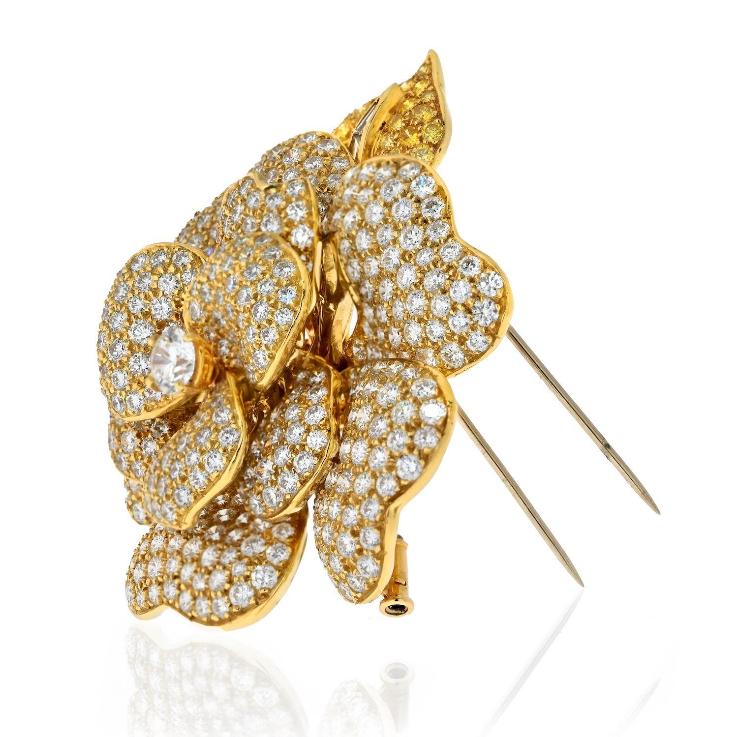 Behold the resplendent beauty of the Estate Diamond Rose Brooch, a true masterpiece that melds nature's grace with the brilliance of diamonds. Crafted in the finest 18K yellow gold, this brooch takes the form of a delicate rose, capturing the