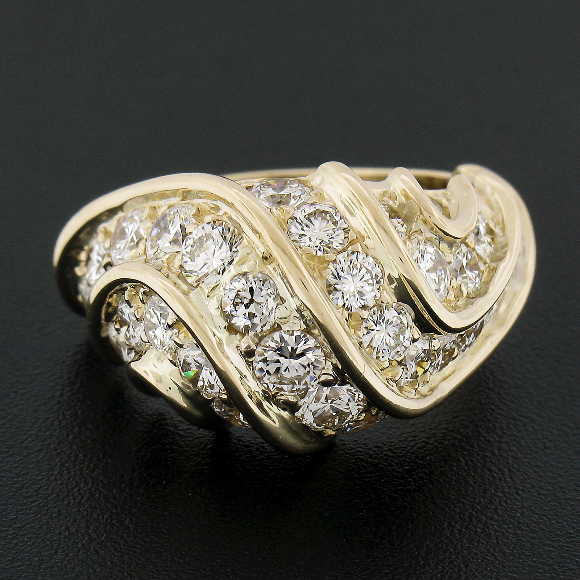 Round Cut Estate 18k Yellow Gold 3.35ctw Fiery Round Diamond Dome Bombe Cocktail Band Ring For Sale