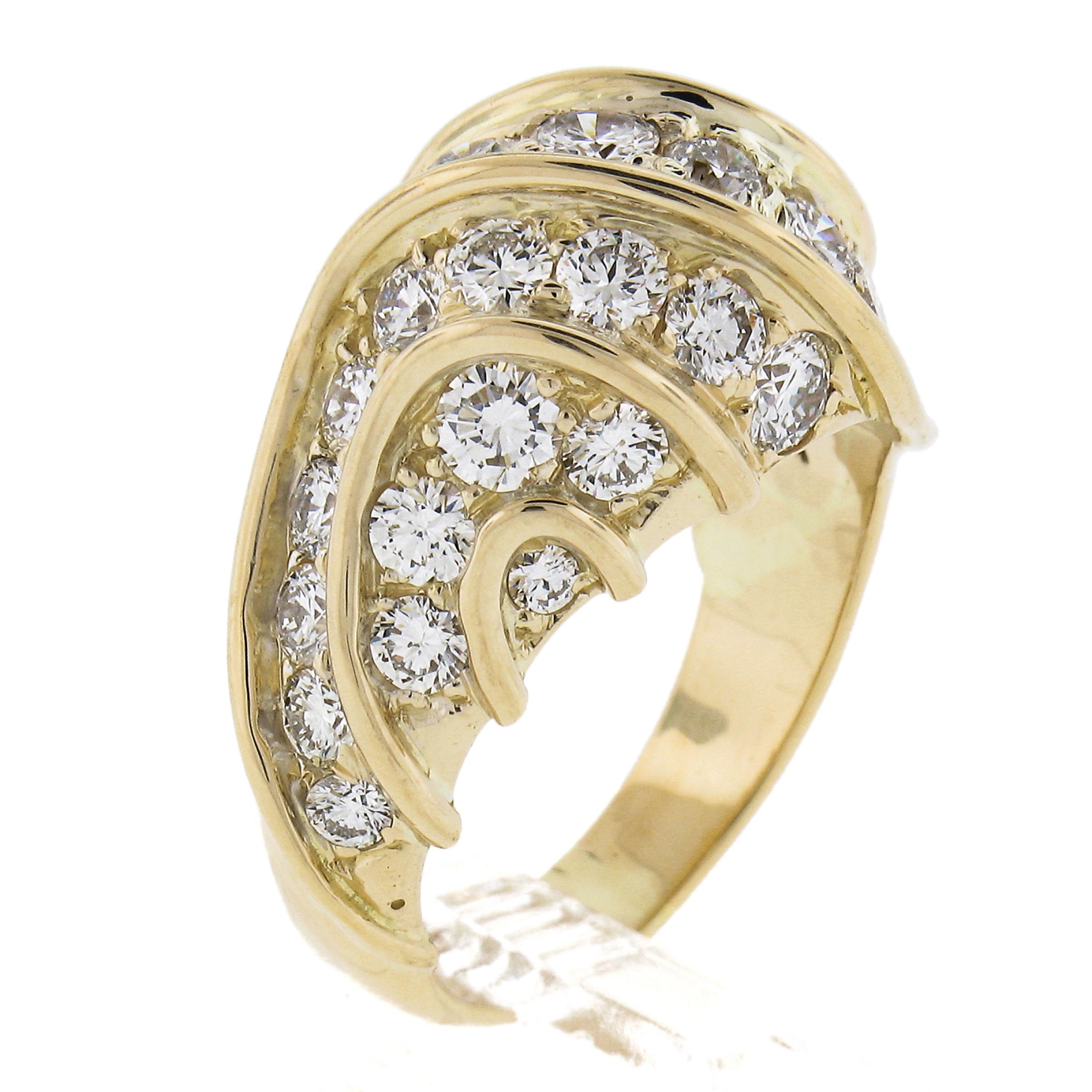 Estate 18k Yellow Gold 3.35ctw Fiery Round Diamond Dome Bombe Cocktail Band Ring For Sale 4