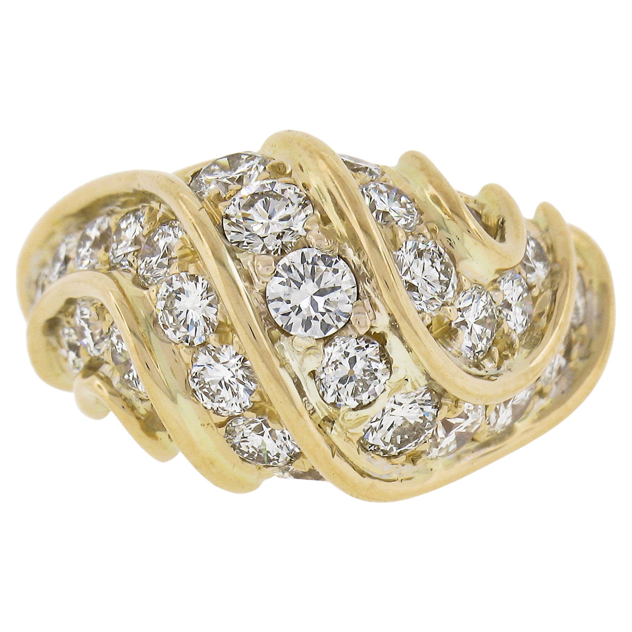 Estate 18k Yellow Gold 3.35ctw Fiery Round Diamond Dome Bombe Cocktail Band Ring For Sale