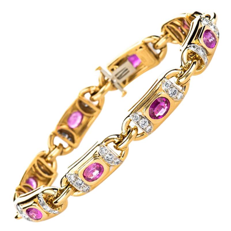 Estate 18K Yellow Gold 6.8 CTW Natural Ruby 
Diamond Designer Bracelet 39 Grams For Sale