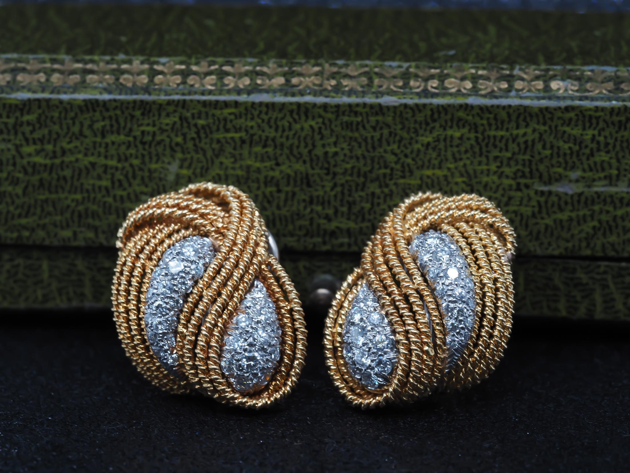 Brilliant Cut Estate 18K Yellow Gold and Diamond Swirl Earrings For Sale