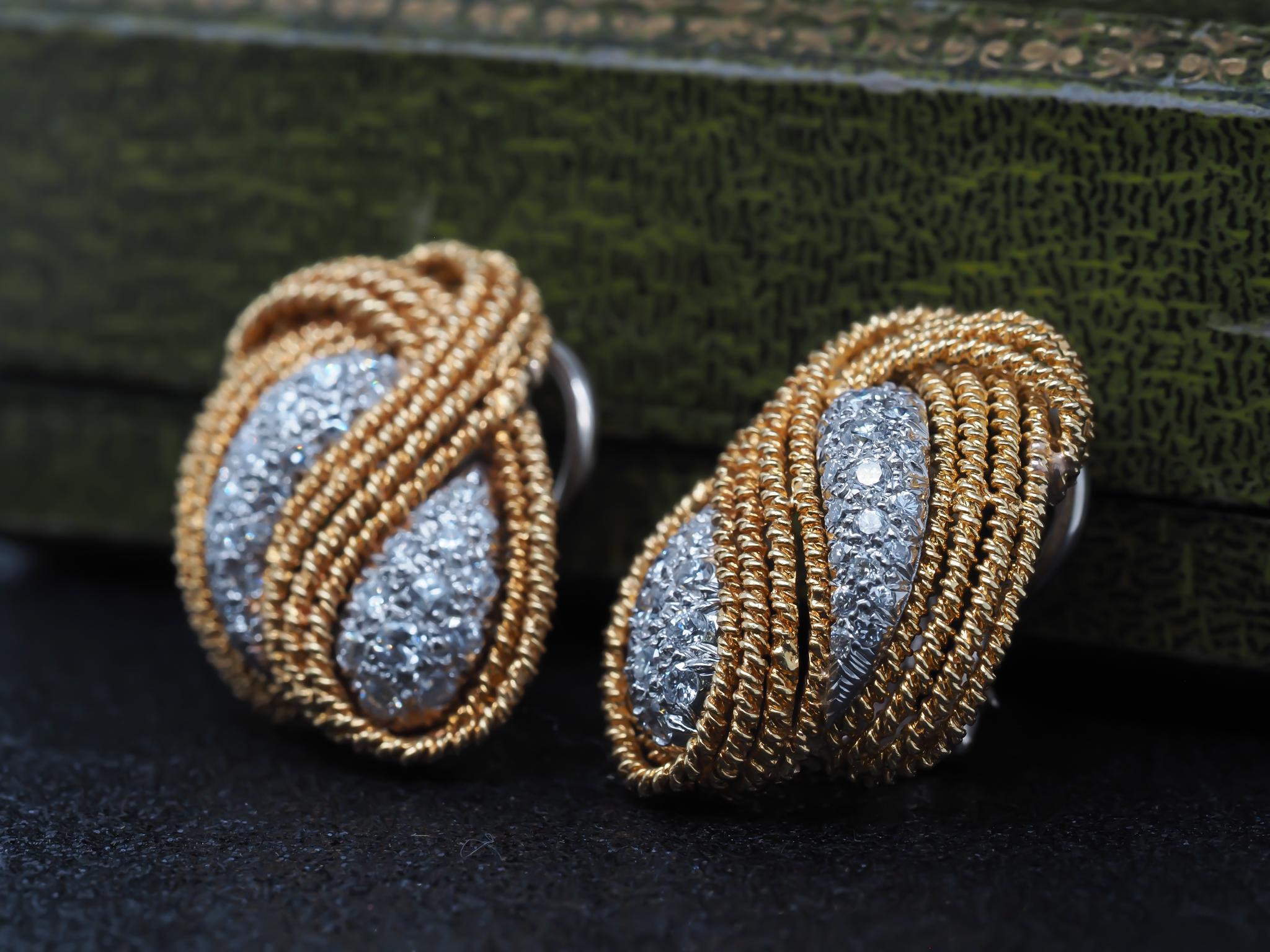 Estate 18K Yellow Gold and Diamond Swirl Earrings For Sale 1