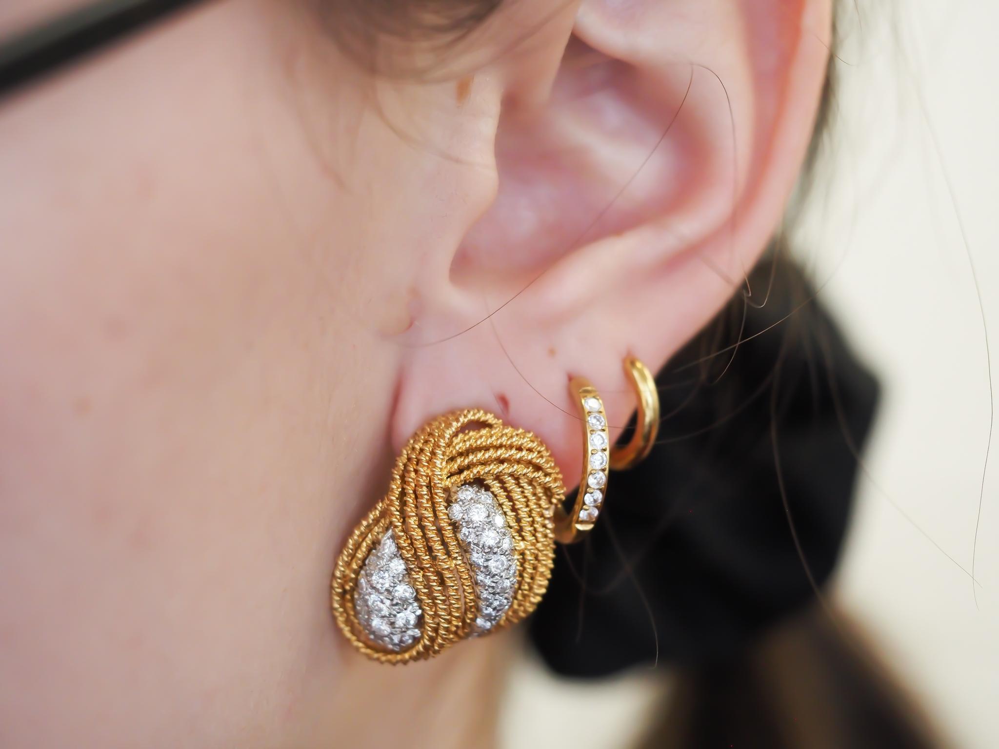 Estate 18K Yellow Gold and Diamond Swirl Earrings For Sale 2