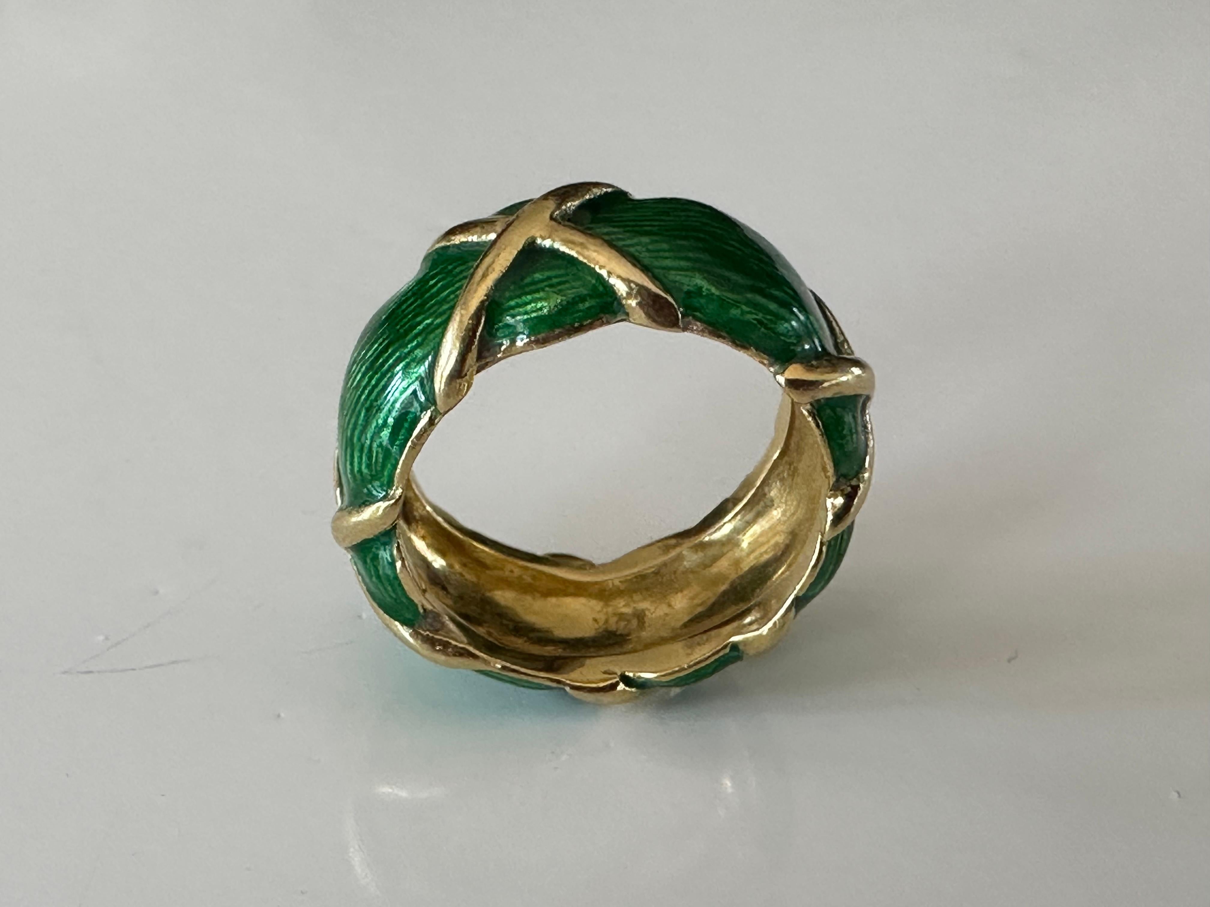 Women's Estate 18k Yellow Gold and Green Enamel Band For Sale