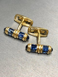 Estate 18K Yellow Gold Baguette Buff Top Cabochon Sapphire Cufflinks