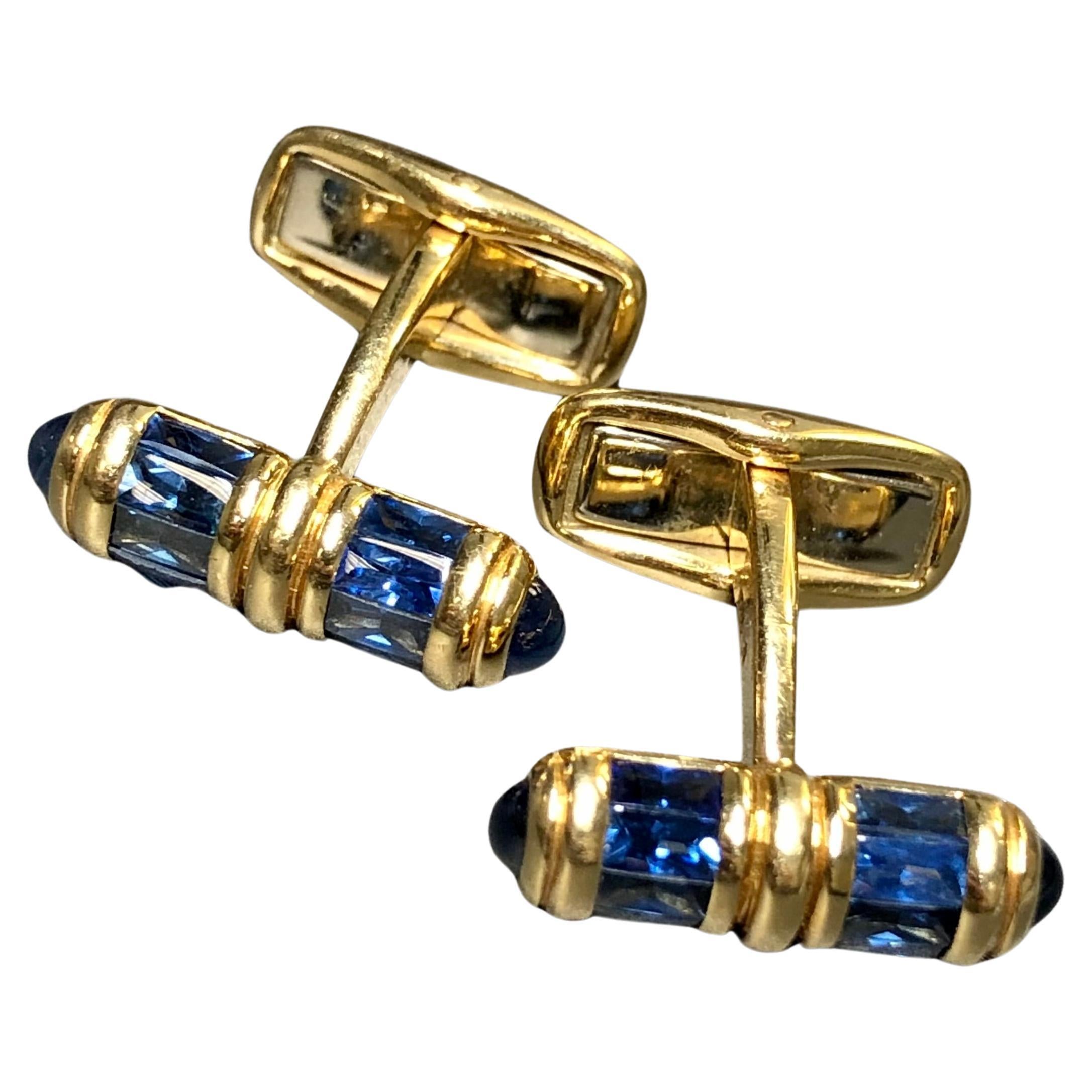 Estate 18K Yellow Gold Baguette Buff Top Cabochon Sapphire Cufflinks