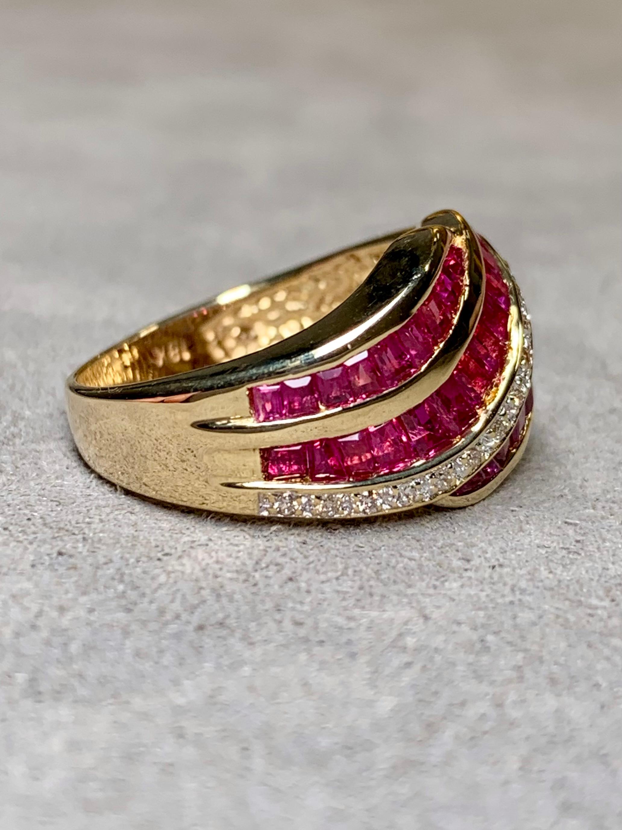 Contemporary Estate 18K Yellow Gold Baguette Ruby Diamond Channel Set Wide Band Ring