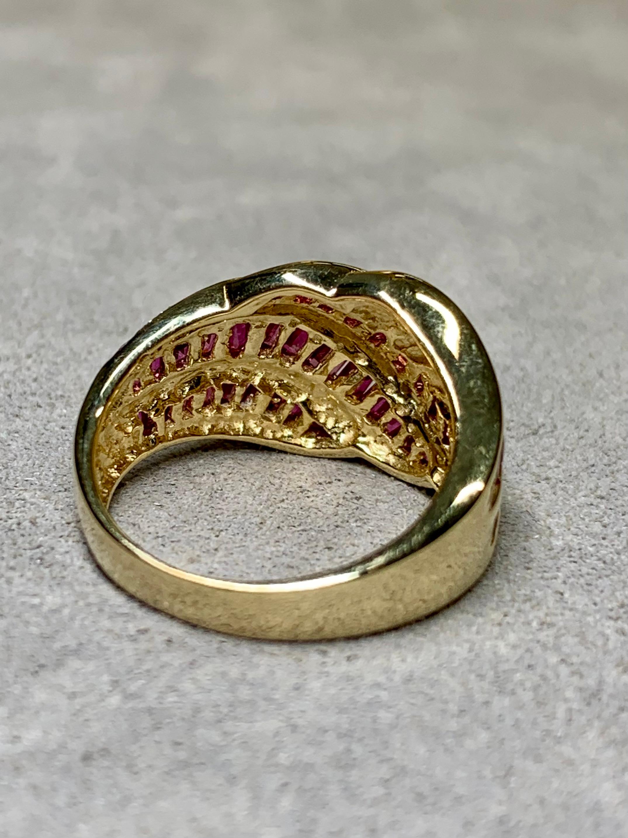 Baguette Cut Estate 18K Yellow Gold Baguette Ruby Diamond Channel Set Wide Band Ring
