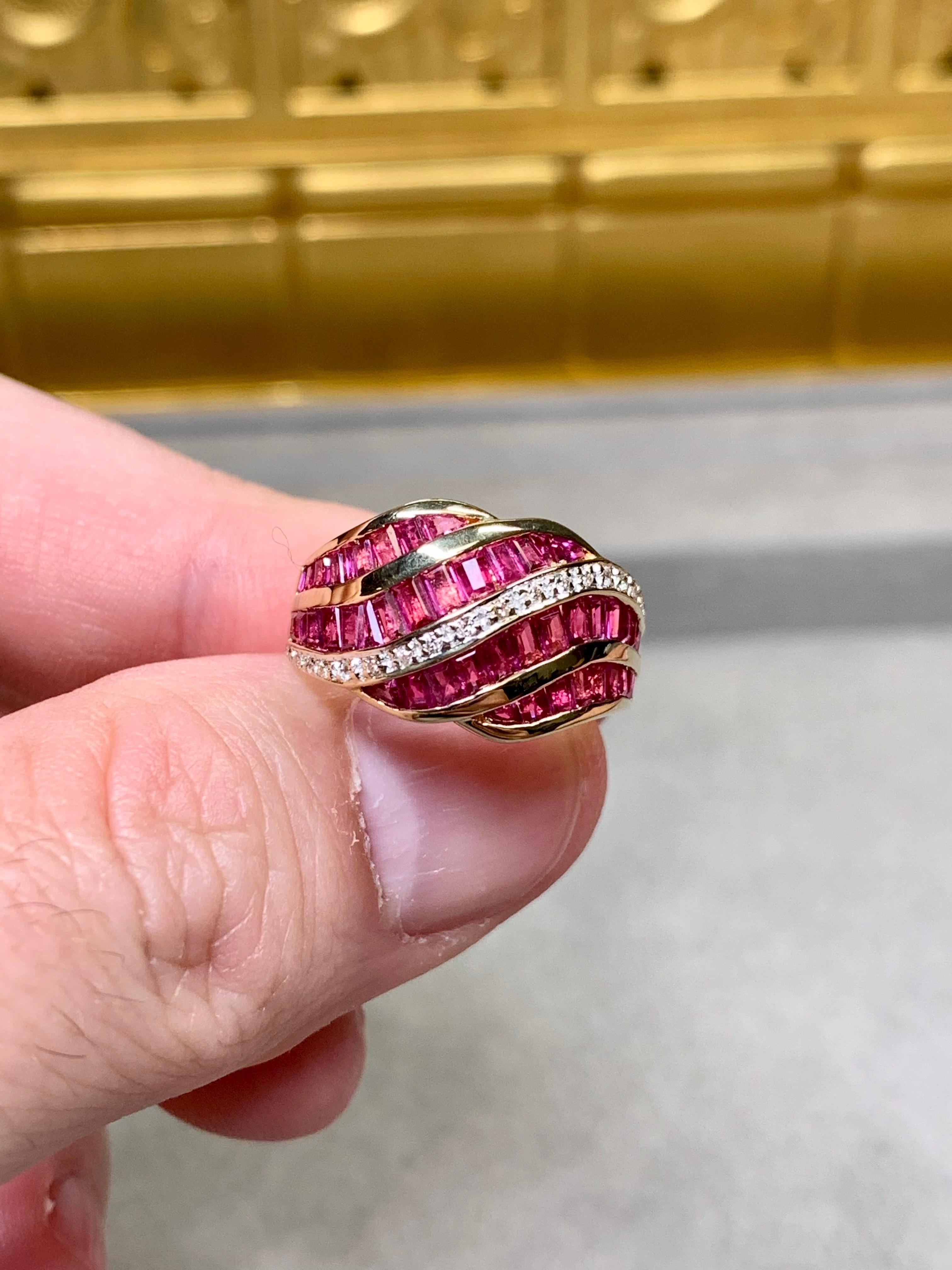 Estate 18K Yellow Gold Baguette Ruby Diamond Channel Set Wide Band Ring In Excellent Condition In Winter Springs, FL