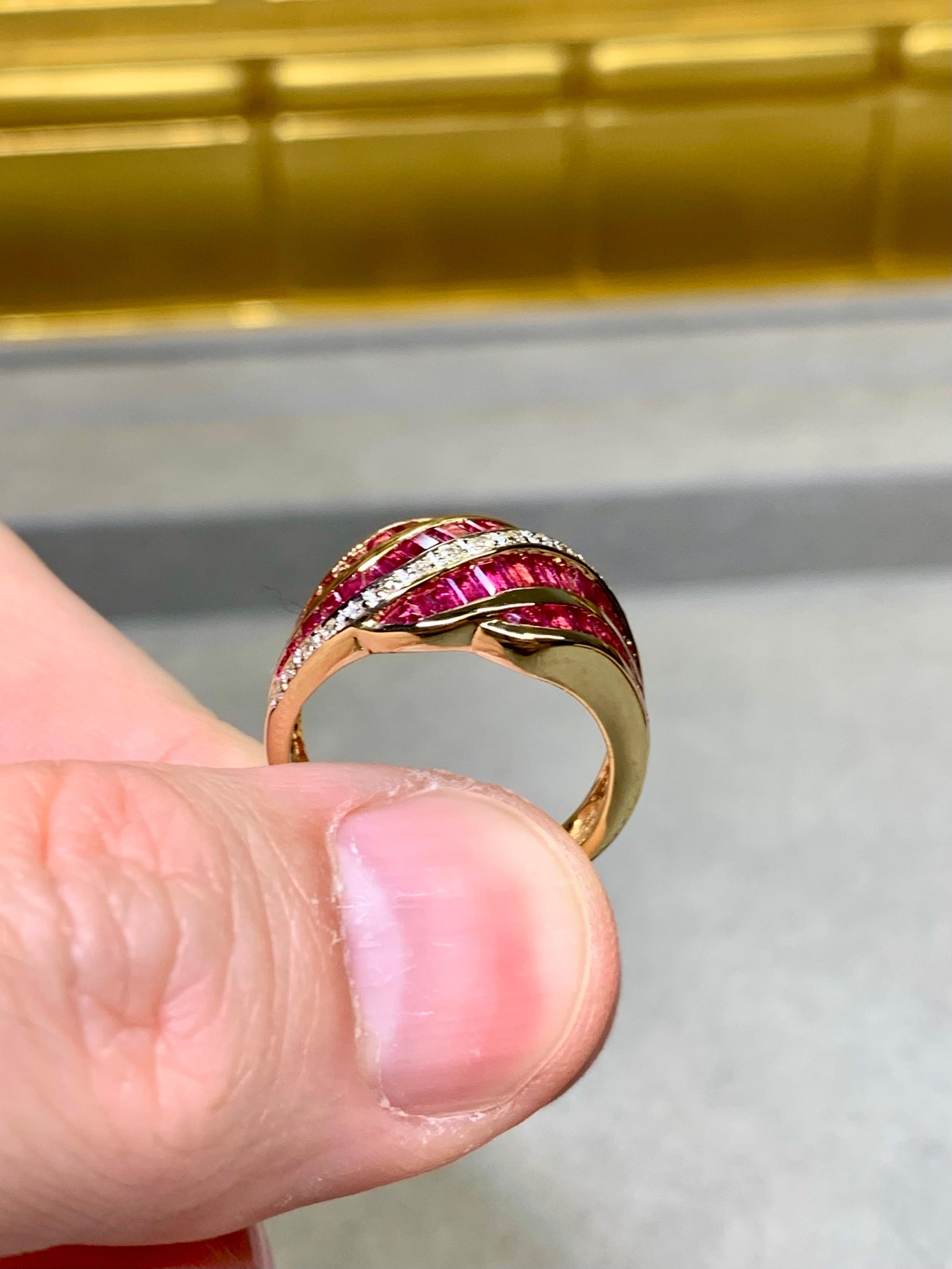 Women's or Men's Estate 18K Yellow Gold Baguette Ruby Diamond Channel Set Wide Band Ring