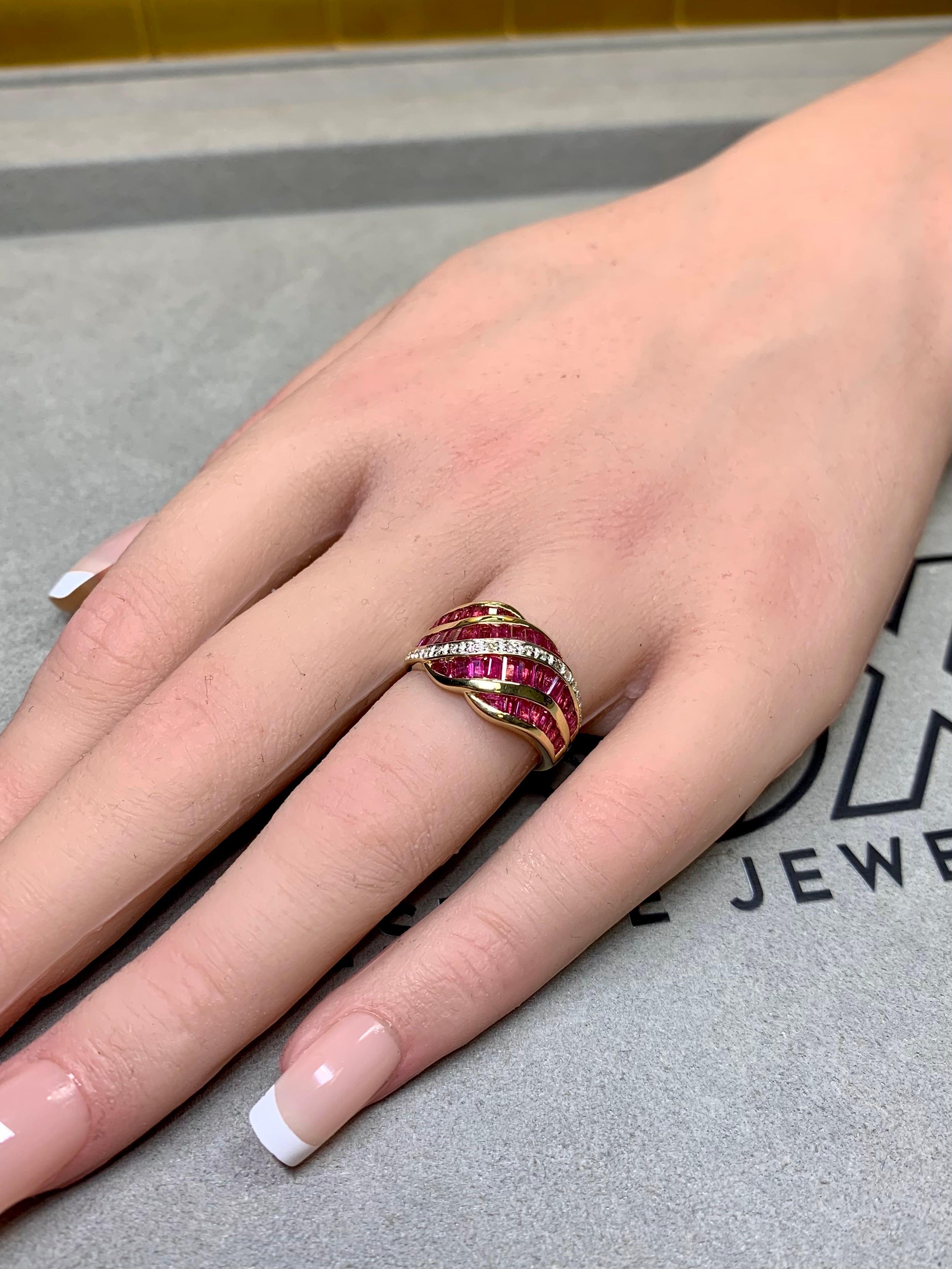 Estate 18K Yellow Gold Baguette Ruby Diamond Channel Set Wide Band Ring 1