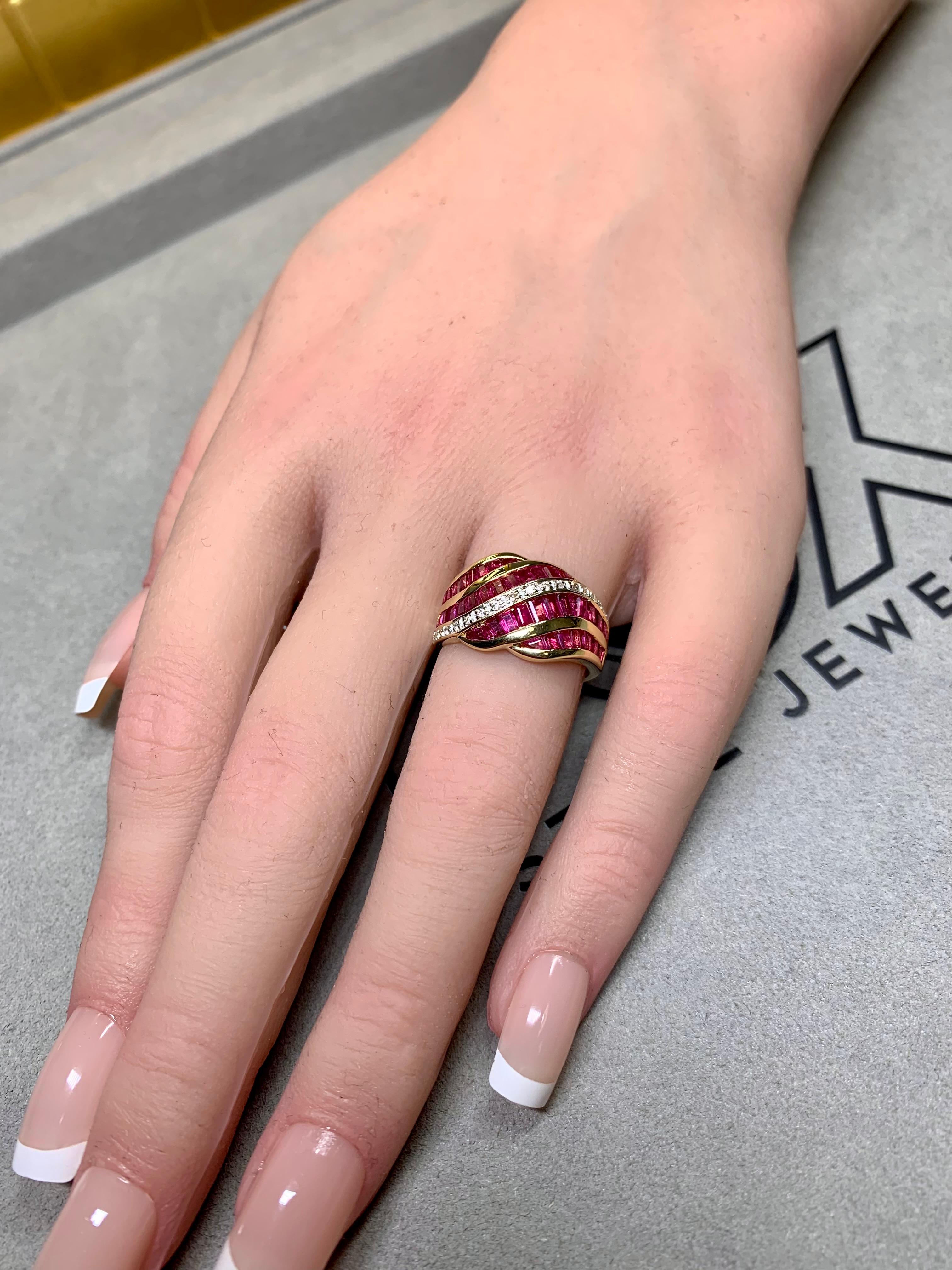 Estate 18K Yellow Gold Baguette Ruby Diamond Channel Set Wide Band Ring 2