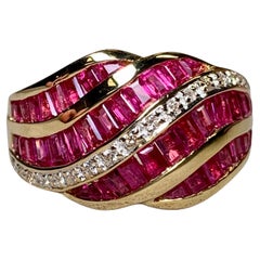 Estate 18K Yellow Gold Baguette Ruby Diamond Channel Set Wide Band Ring