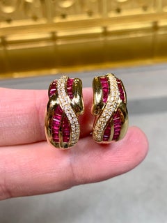 Estate 18K Yellow Gold Baguette Ruby Pavé Diamond Huggie Earrings