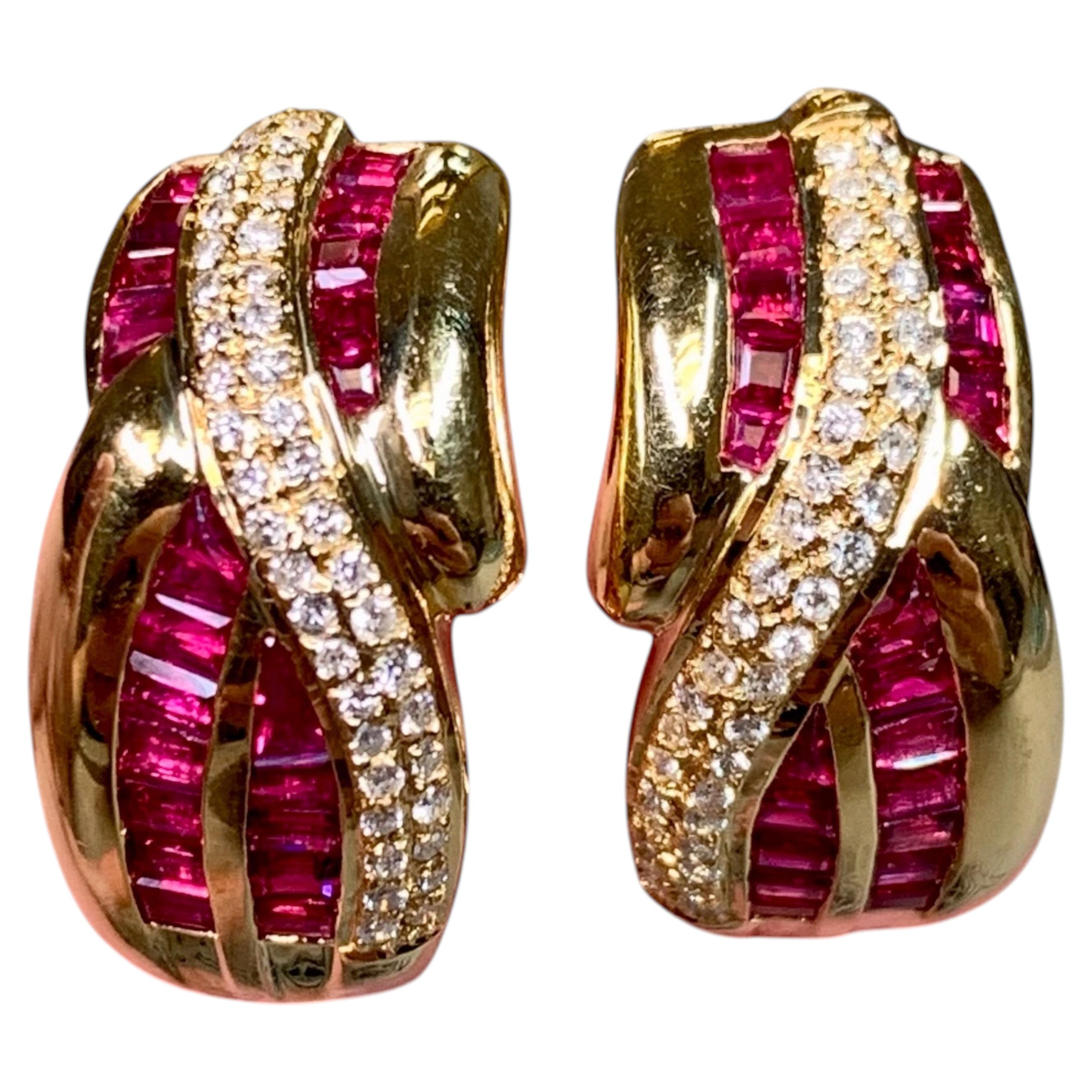 Estate 18K Yellow Gold Baguette Ruby Pavé Diamond Huggie Earrings
