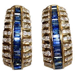 Estate 18K Yellow Gold Baguette Sapphire Diamond J Hoop Huggie Earrings 4.60ctw