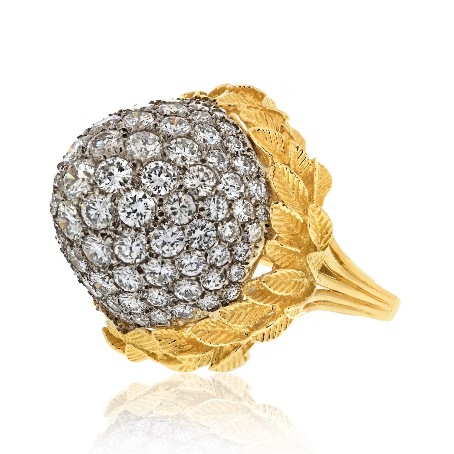 Round Cut Estate 18K Yellow Gold Bombe 10.00cttw Diamond Ring For Sale