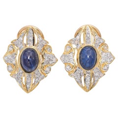Estate 18K Yellow Gold Cabochon 3.2 TCW Sapphire and Diamond Earrings